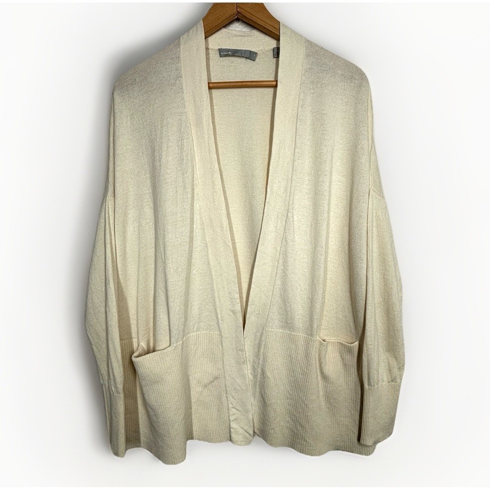 VINCE Ivory Silk Cashmere Open Front Cardigan Womens Medium Vanilla Pockets $275